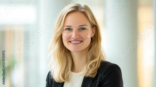 A woman is smiling and wearing a black jacket and white shirt