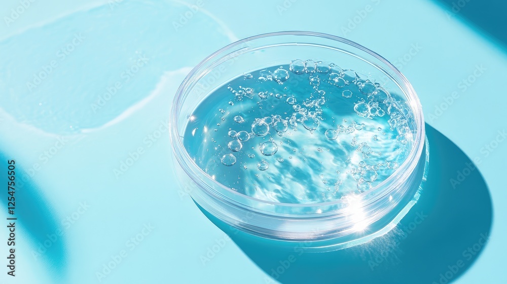 Close-up of gel cosmetic product samples neatly placed in a Petri dish on a bright blue background, enhanced by dramatic hard shadows for a clean, futuristic feel Close-up of gel cosmetic product samples neatly placed in a Petri dish on a bright blue background, enhanced by dramatic hard shadows for a clean, futuristic feel
