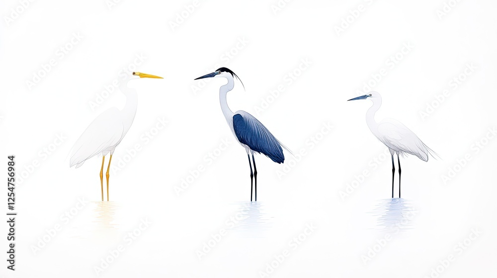 Obraz premium Three elegant herons standing in shallow water, showcasing their distinct colors against a serene backdrop