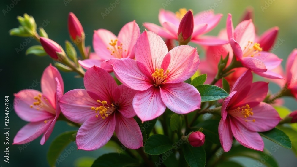 Delicate Pink Blossoms in Soft Sunlight A Close-Up View of a Cluster of Flowers with Vibrant Petals and Golden Centers Delicate Pink Blossoms in Soft Sunlight A Close-Up View of a Cluster of Flowers with Vibrant Petals and Golden Centers