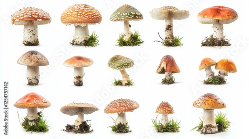 A stunning array of mushrooms captured against a light background, highlighting their intricate details, textures, and vivid colors. Each specimen presents a fascinating look at nature's diversity photo