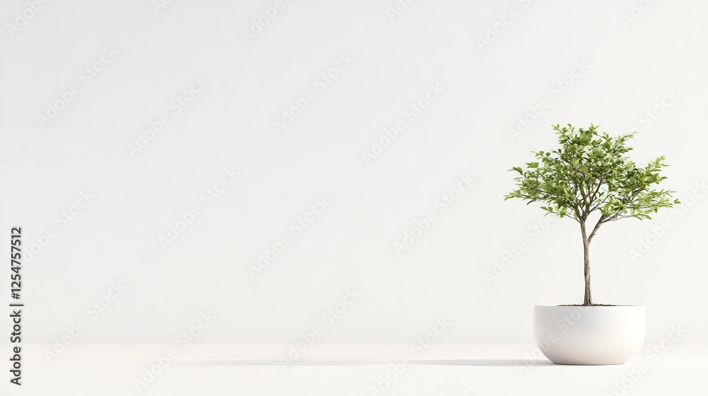 Obraz premium Minimalistic indoor scene featuring a small potted tree on a clean white surface, evoking tranquility