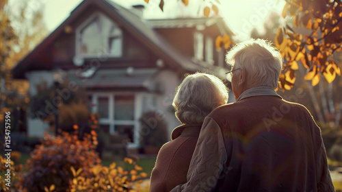 Happy senior family standing looking on their house. Elderly couple hugging. Retirement home, reverse mortgage loan for seniors concept