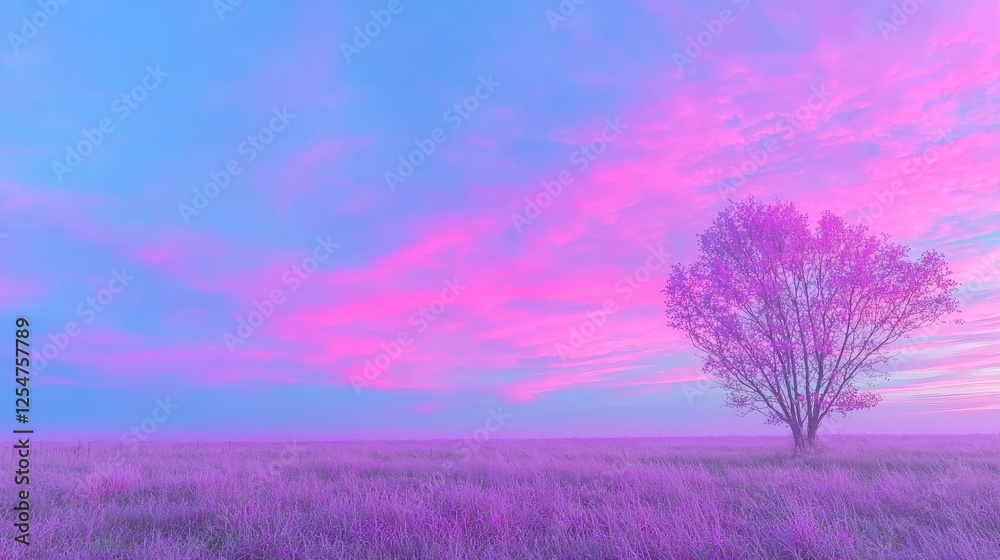 Pink sunrise over field, solitary tree, peaceful dawn Pink sunrise over field, solitary tree, peaceful dawn