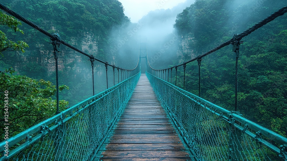 Obraz premium Misty suspension bridge surrounded by lush green mountains, creating a serene and tranquil atmosphere