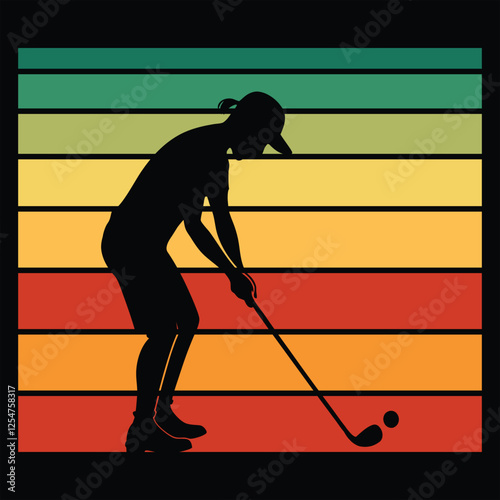 Golf Sport Silhouette With sunset retro illustration Vector, Golf player vintage sunset retro background