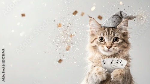 Playful tabby kitten in hat playing cards with sparkle background, fun and whimsical scene. photo