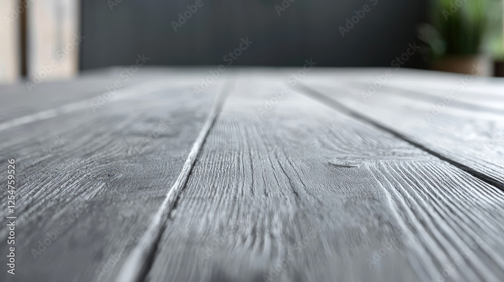 Obraz premium Gray wooden table, blurred background, interior setting, product display