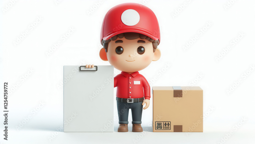 Front view digital illustration of delivery action figures in a playful warehouse environment