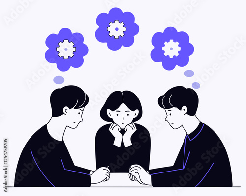 thinking the same idea colleagues brainstorming with identical thought think together planning for business goal or success concept thoughtful business people brainstorm with same thinking bubble.