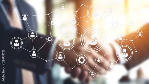 Hands shake in agreement while digital connections and teamwork symbols represent collaboration in a modern workspace, emphasizing the power of remote automation and agile leadership