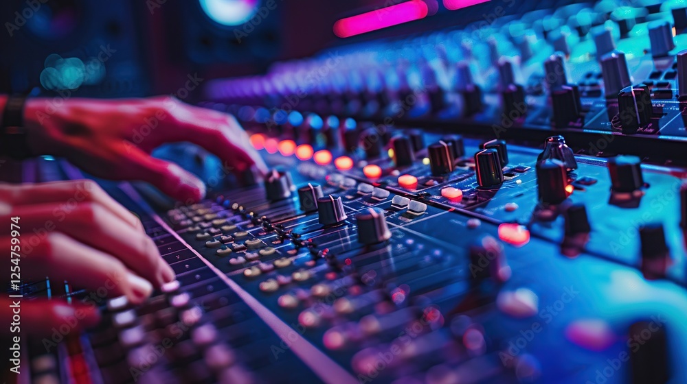 Close-up of hands adjusting sound mixer controls in a vibrant studio, illuminated by colorful lights. Close-up of hands adjusting sound mixer controls in a vibrant studio, illuminated by colorful lights.