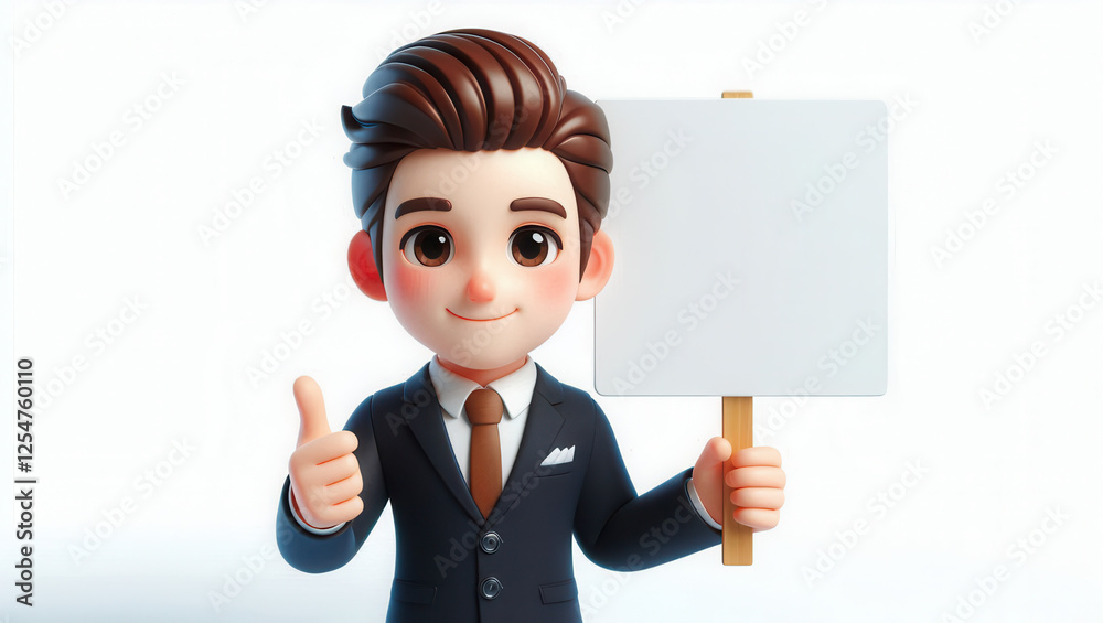 Cheerful business character holding blank sign studio digital art creative front view engagement Cheerful business character holding blank sign studio digital art creative front view engagement