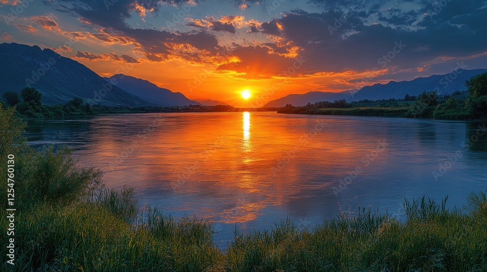 Fototapeta premium Serene sunset over a tranquil river landscape