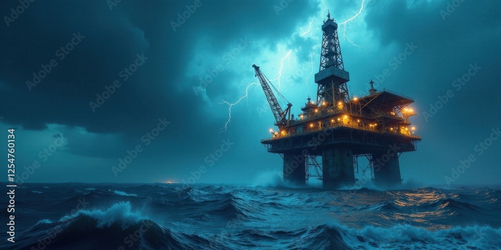 Fototapeta premium Offshore Oil Rig Braving a Furious Storm at Sea with Dramatic Lightning