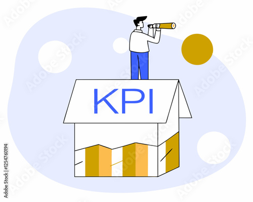 kpi key performance indicator measurement to evaluate success or meet target metric or data to review and improve business concept businessman standing on top of kpi box measuring performance.