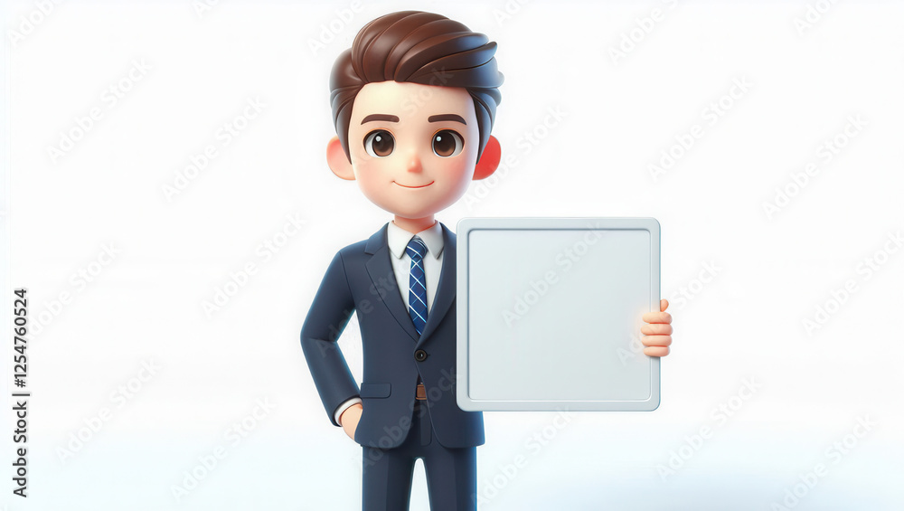 Professional animated character holding blank board studio setup 3d illustration minimalist style