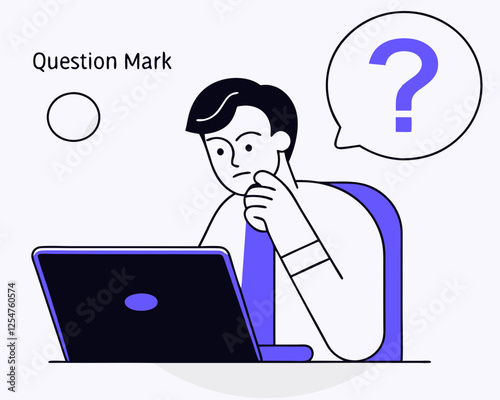 contemplation doubt or unsure curiosity thinking to solve problem question in the head uncertainty or confusion decision concept businessman thinking on computer laptop with doubt question mark.