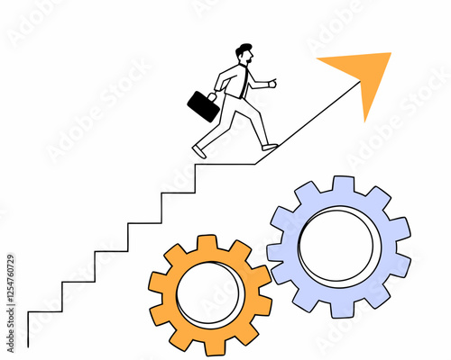 best practices development strategy to success or improvement planning progress or implementation process efficiency or productivity concept businessman running up stair on cogwheel gears system.