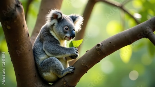 Adorable Koala Bear Gently Holds a Fresh Green Leaf While Perched on a Tree Branch in a Lush Natural Habitat