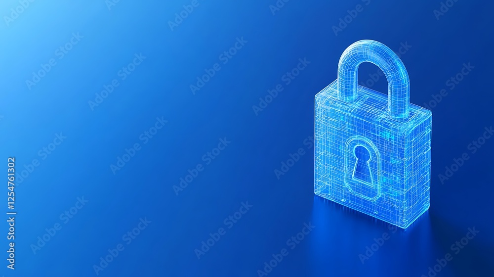 Fototapeta premium Futuristic Digital Padlock in Neon Blue with Glowing Lines on a Gradient Background for Cybersecurity Concept