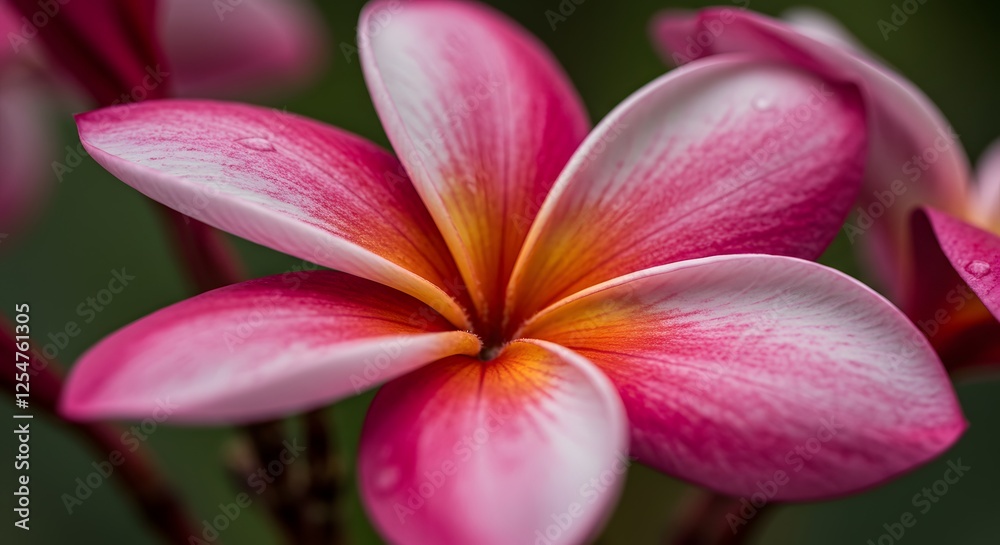 Pink Plumeria Flower Close-up with Water Droplets and Soft Focus Background Pink Plumeria Flower Close-up with Water Droplets and Soft Focus Background
