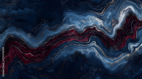 Painting of a red and blue swirl with tulips in a seamless and fluid abstract design photo