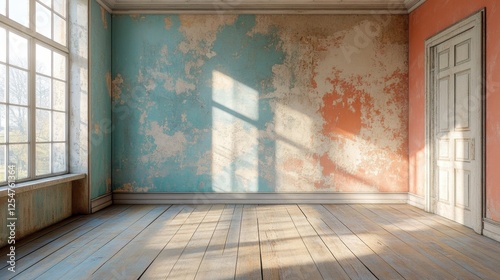 Wallpaper Mural Empty room with peeling paint, wooden floor, and sunlight streaming through a window. Perfect for showcasing restoration, renovation, or home improvement projects. Torontodigital.ca