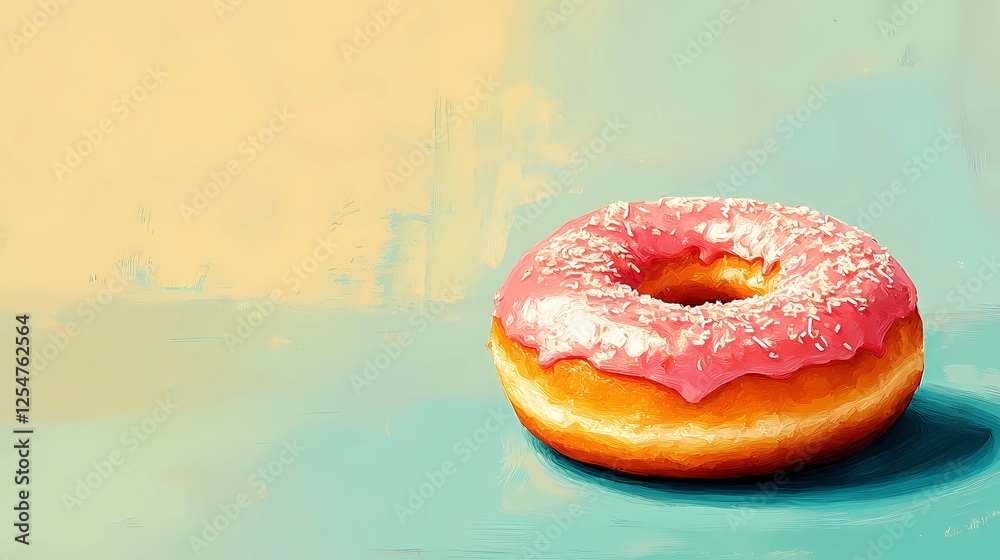 Obraz premium Illustrated donut with vibrant icing and toppings, ideal for culinary designs, menu graphics, and bakery-related artwork, in a comic book style