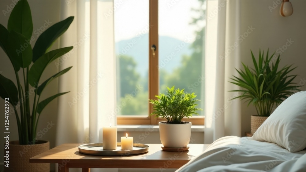 Fototapeta premium Serene bedroom sanctuary with natural light illuminating potted plants and softly glowing candles on a wooden side table