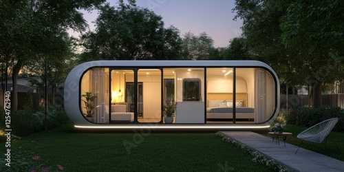 Modern Capsule Home: Futuristic Oval Design in Serene Garden Setting