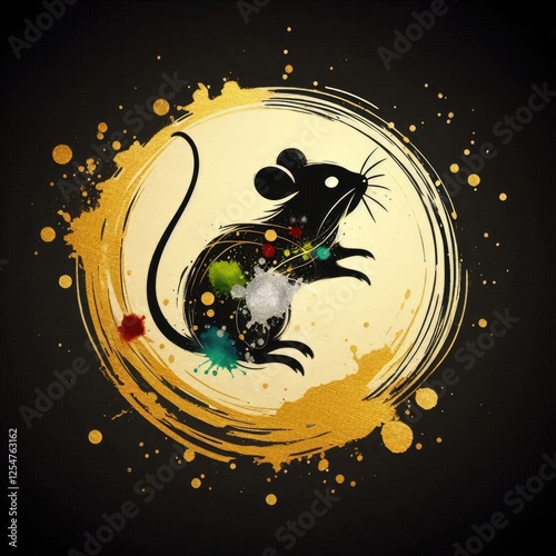 Golden Mouse in a Dynamic Abstract Circle with Splatter Effects with Generative AI. photo