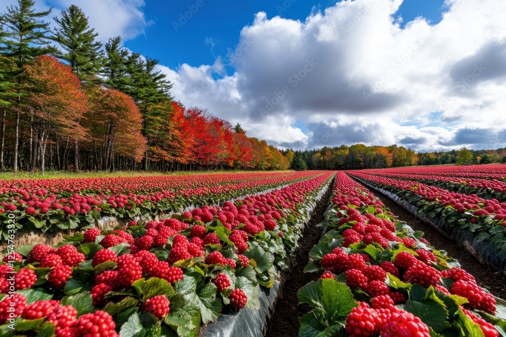 Vibrant Field of Raspberries Under Bright Blue Sky Surrounded by Autumn Forest Colors in North America Vibrant Field of Raspberries Under Bright Blue Sky Surrounded by Autumn Forest Colors in North America