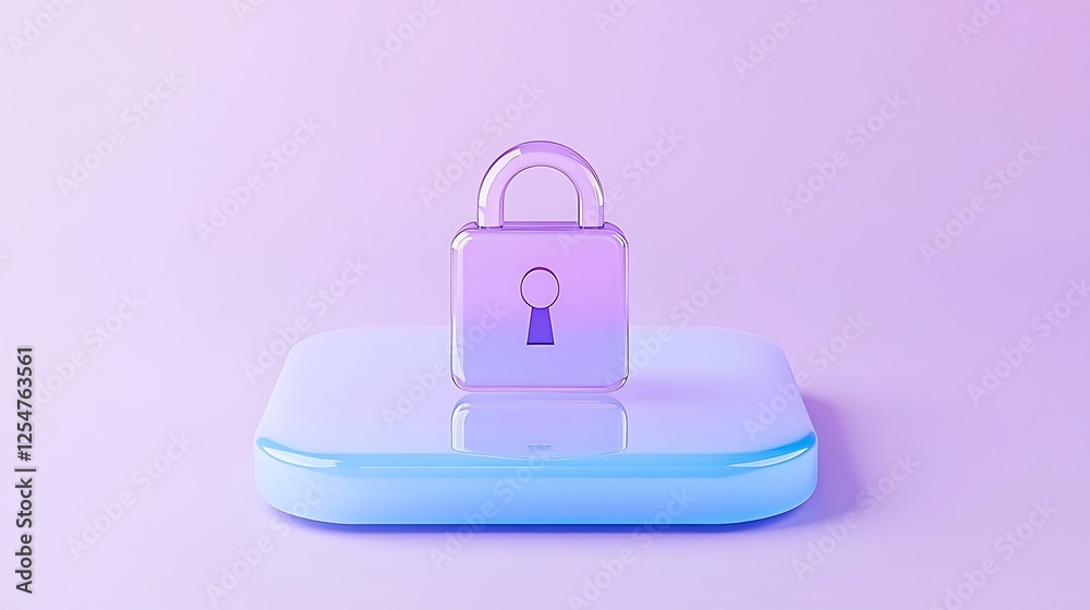 Metallic lock icon on a glossy platform with a soft pastel gradient background for security and protection themes Metallic lock icon on a glossy platform with a soft pastel gradient background for security and protection themes