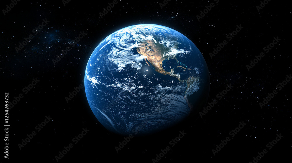 A beautiful blue view of Earth from space. You can see clouds, oceans, deserts, and continents. Behind the Earth is black and vast space. A beautiful blue view of Earth from space. You can see clouds, oceans, deserts, and continents. Behind the Earth is black and vast space.