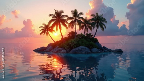 Serene Sunset Over a Tropical Island Paradise with Lush Vegetation and Calm Ocean Waters