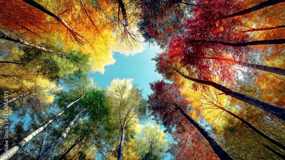 Aerial view looking up at a autumn forest full of colors with tall trees stretching out towards the sky