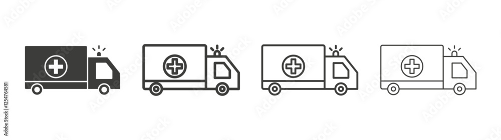 Ambulance icons set. Liner outlined and flat black color Ambulance icons set. Liner outlined and flat black color