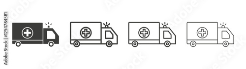 Ambulance icons set. Liner outlined and flat black color
