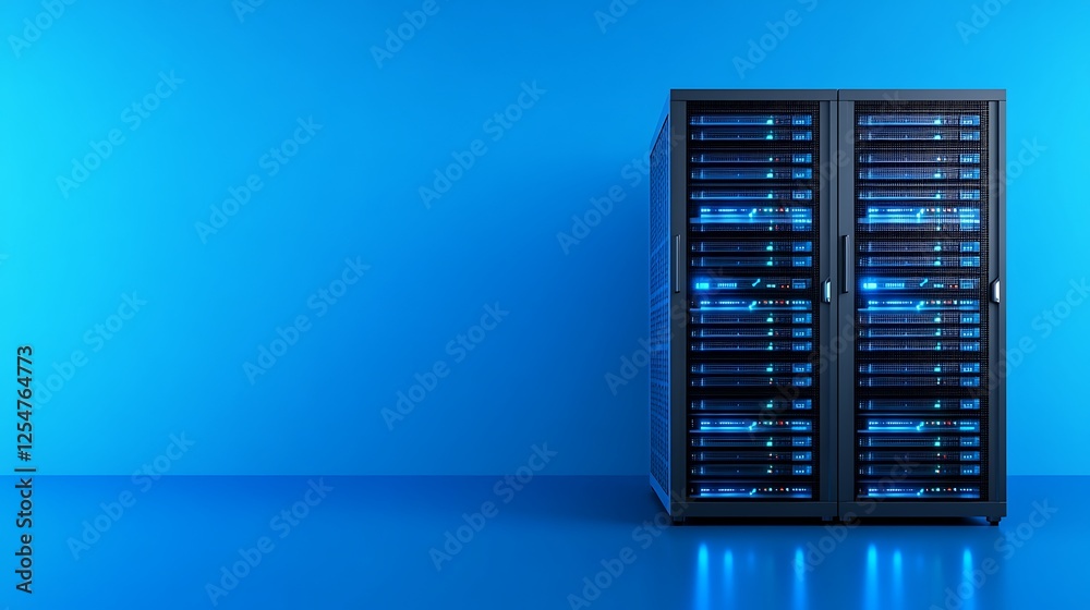 Modern Data Center Server Rack System with Blue Background and Illuminated Panels for Technology and IT Modern Data Center Server Rack System with Blue Background and Illuminated Panels for Technology and IT