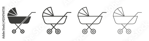 Baby carriage icons set. Liner outlined and flat black color