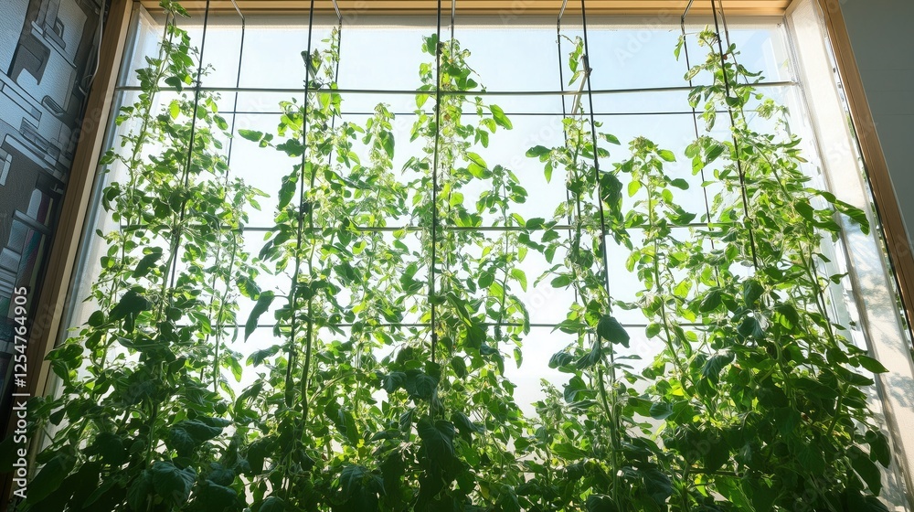 Naklejka premium Vertical indoor garden with green plants near large window