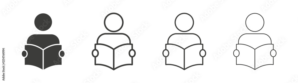Book open reader icons set. Liner outlined and flat black color Book open reader icons set. Liner outlined and flat black color