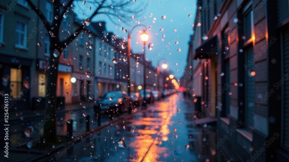 Rainy Evening Cityscape Viewed Through a Wet Window Pane, Showing the Warm Glow of Streetlights Reflecting on the Wet Pavement Rainy Evening Cityscape Viewed Through a Wet Window Pane, Showing the Warm Glow of Streetlights Reflecting on the Wet Pavement