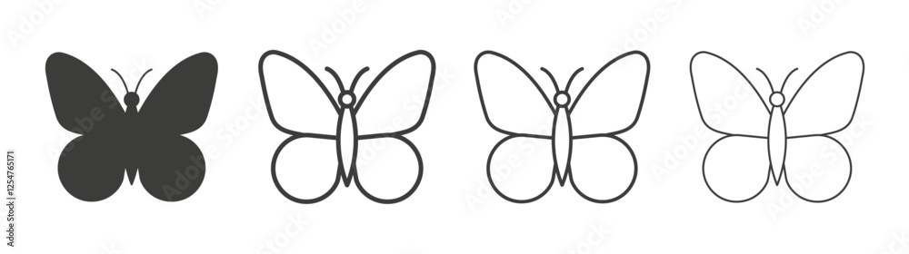 Butterfly icons set. Liner outlined and flat black color Butterfly icons set. Liner outlined and flat black color