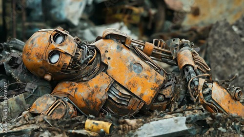 Wallpaper Mural An old, rusted robot lying in a heap of junk in a scrapyard, Obsolescence and the passage of time, Abandonment old robot in junkyard Torontodigital.ca