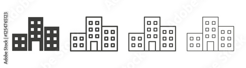Building icons set. Liner outlined and flat black color