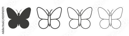 Butterfly icons set. Liner outlined and flat black color