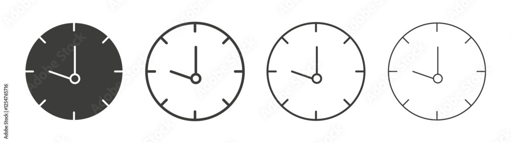 Clock icons set. Liner outlined and flat black color Clock icons set. Liner outlined and flat black color