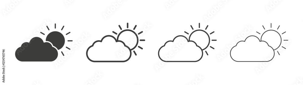 Cloud sun icons set. Liner outlined and flat black color Cloud sun icons set. Liner outlined and flat black color